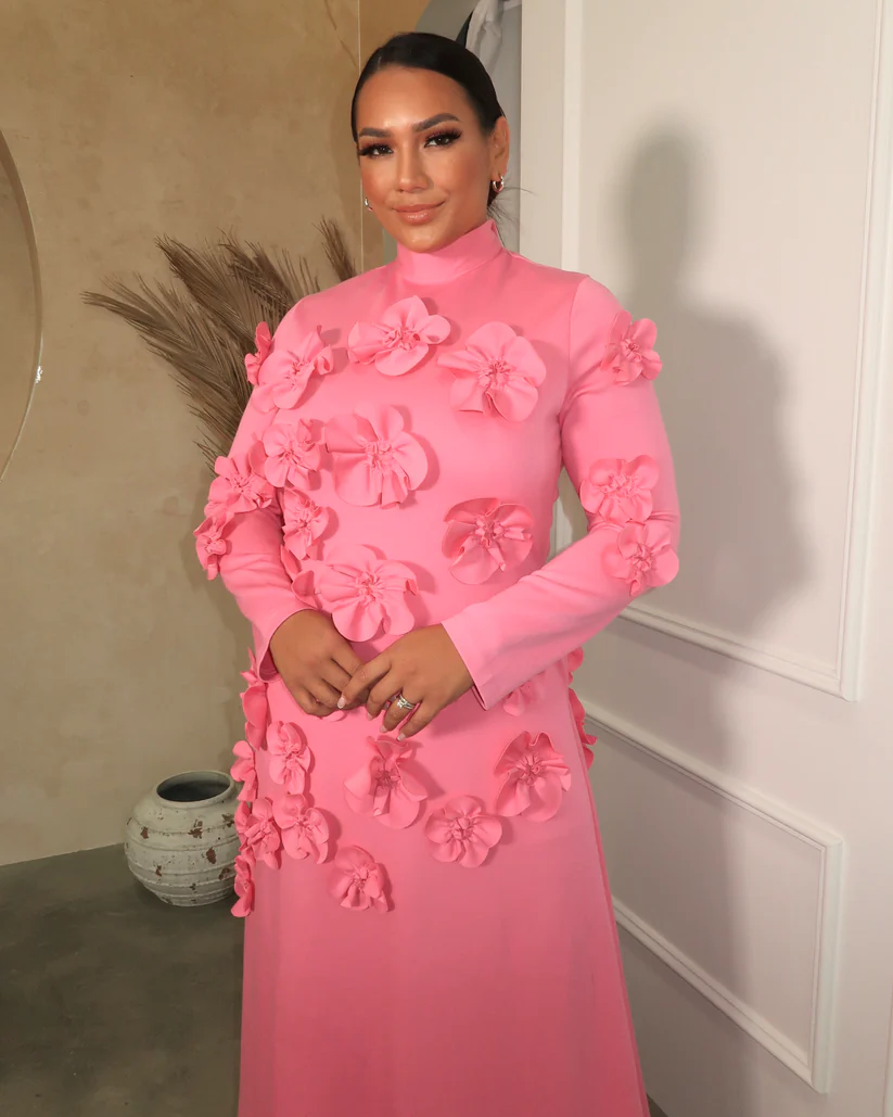 Bright Pink 3D Floral Appliqué Gown