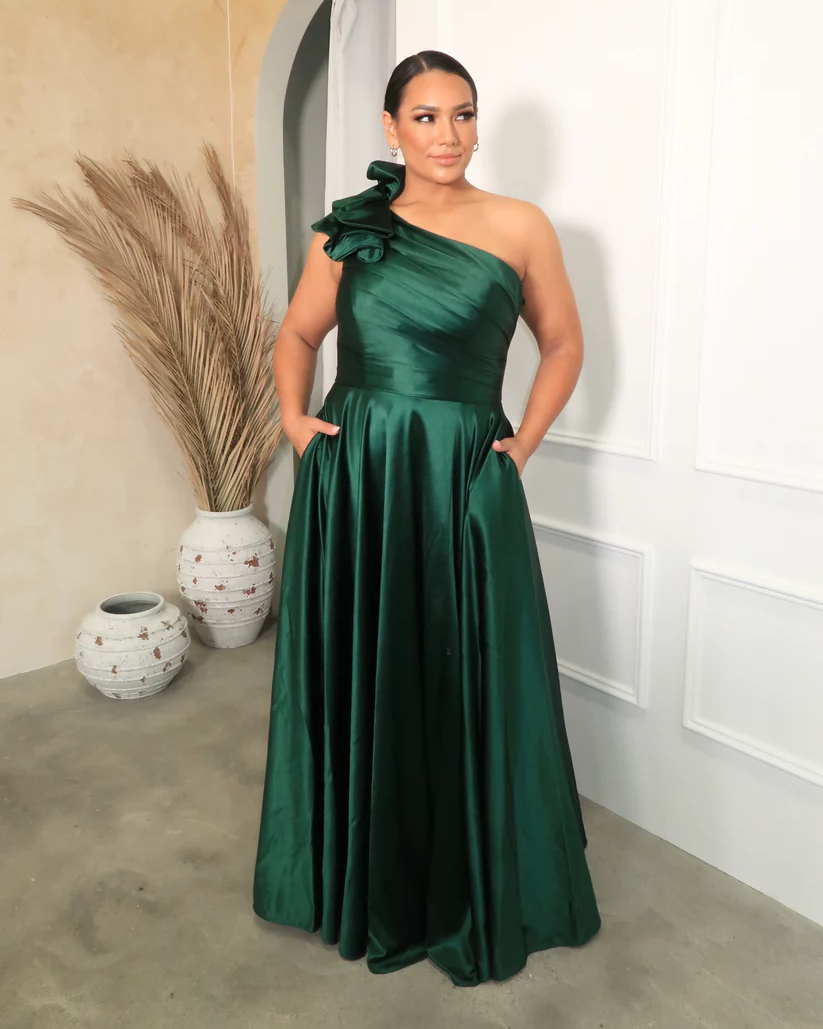Emerald One-Shoulder Satin Gown