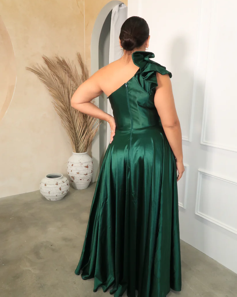 Emerald One-Shoulder Satin Gown