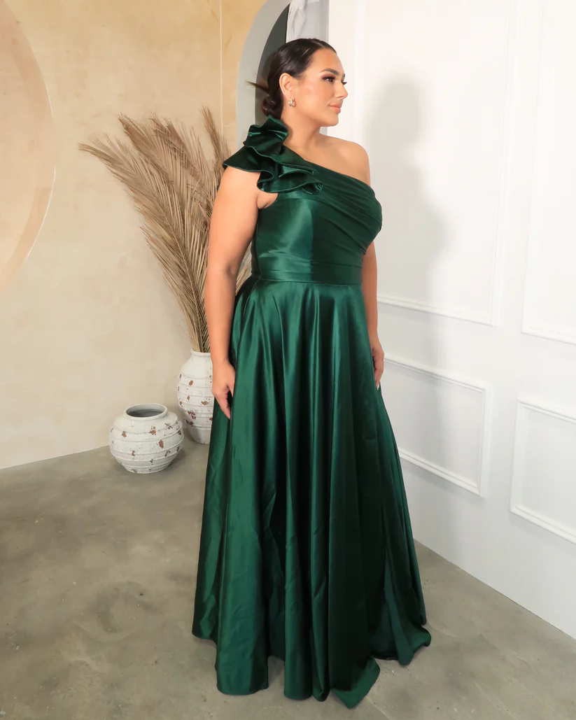 Emerald One-Shoulder Satin Gown