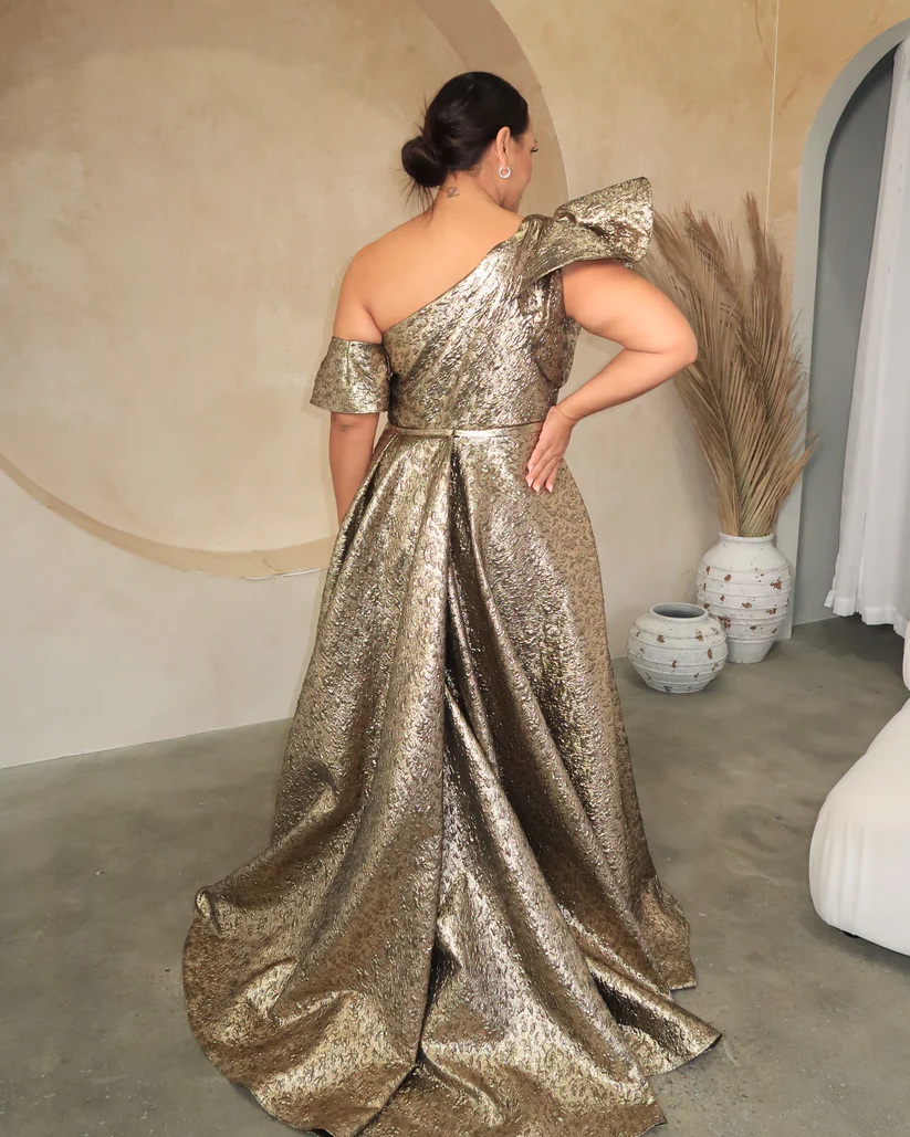 MAC DUGGAL Gold One Shoulder Metallic Ballgown