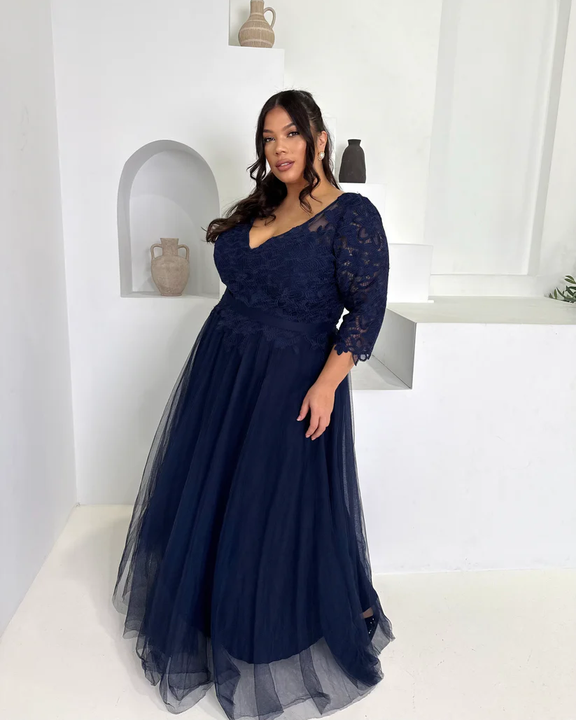 Navy Lace & Tulle Gown