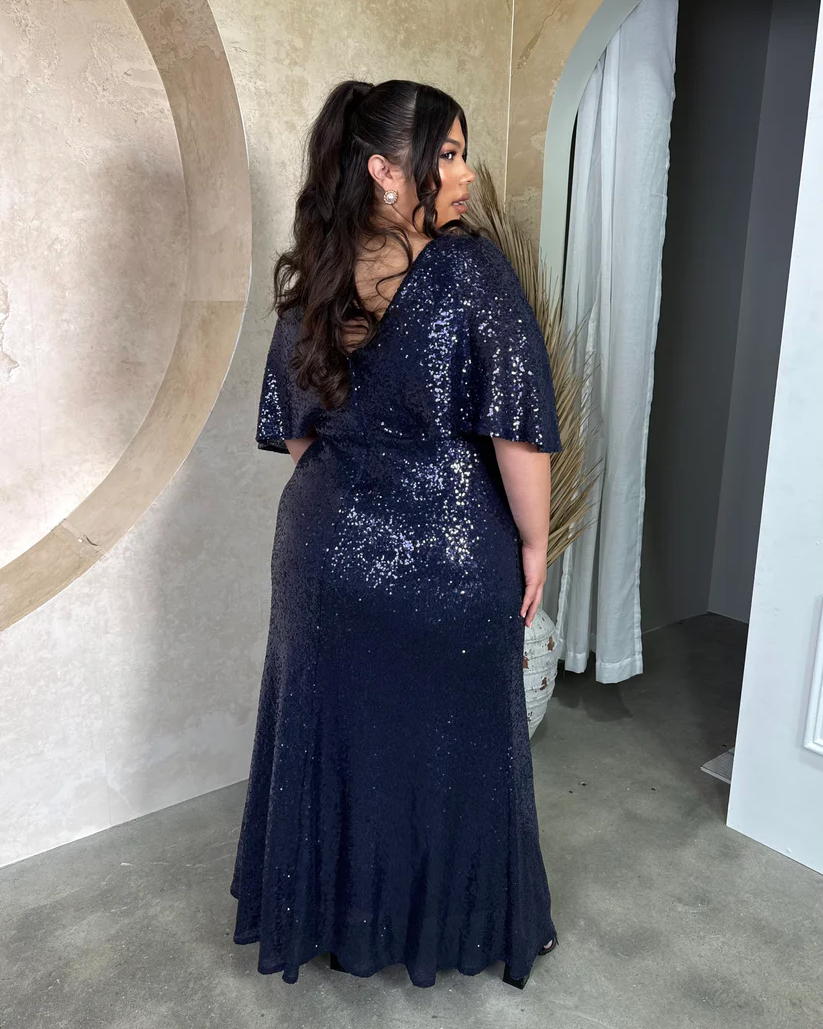 Navy Sequin Flutter Sleeve Gown