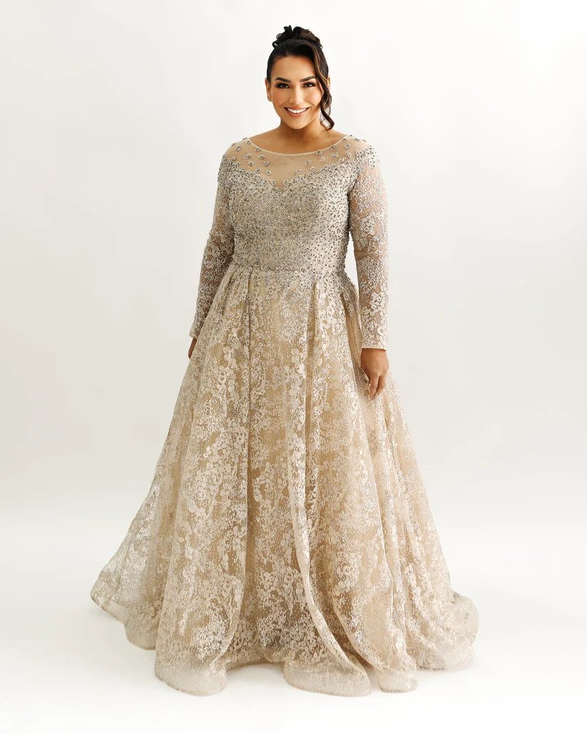 Hire Gold & Silver Lace Long Sleeve Floor Length Dress Noire Couture Gown: Womens Plus Size Designer Evening Dresses & Ball Gowns Rentals Sydney Online PLUSH AND POSH Hire Gold & Silver Lace Long Sleeve Floor Length Dress Noire Couture Gown: Womens Plus Size Designer Evening Dresses & Ball Gowns Rentals Sydney Online PLUSH AND POSH