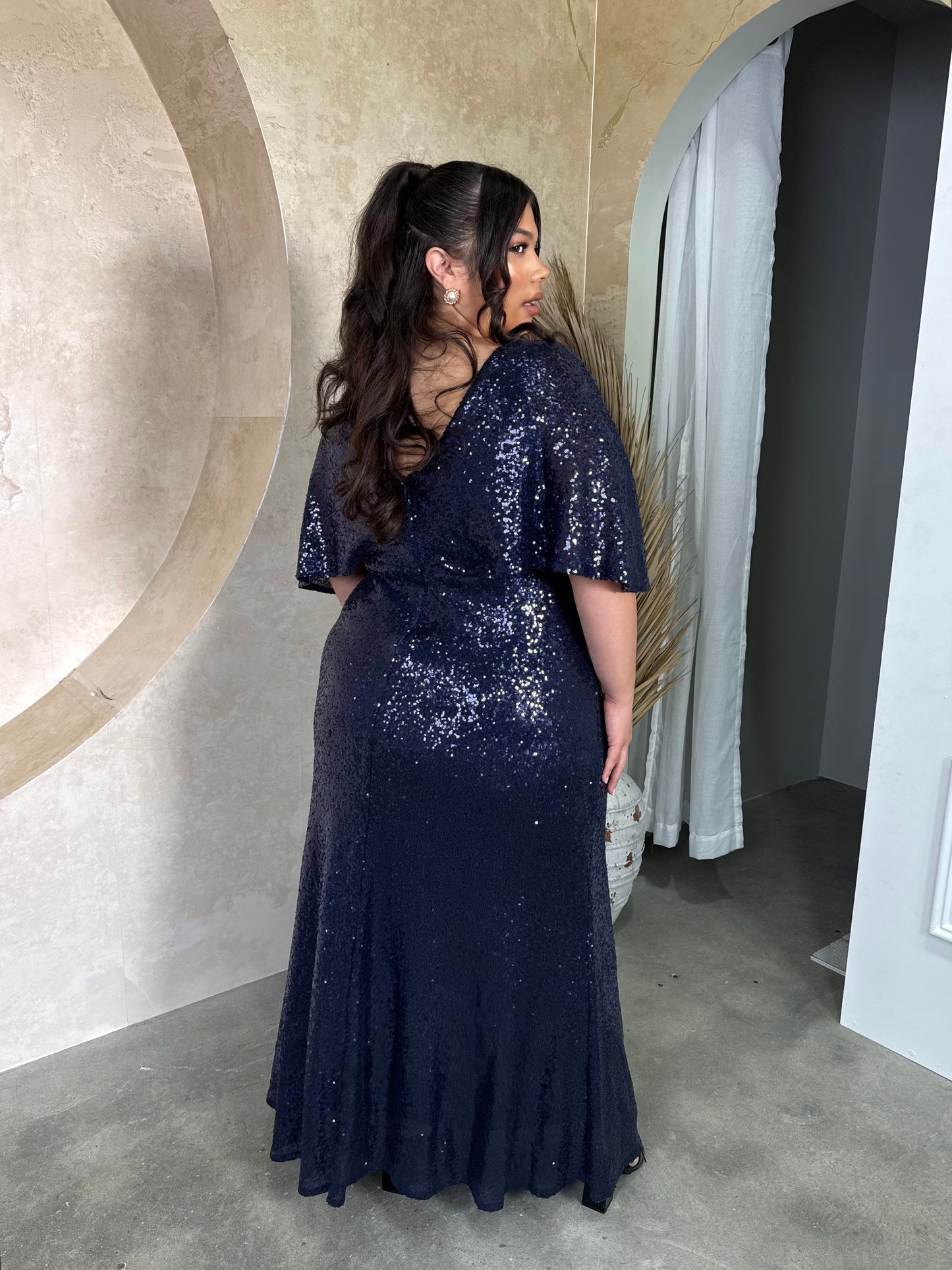 Navy Sequin Flutter Sleeve Gown