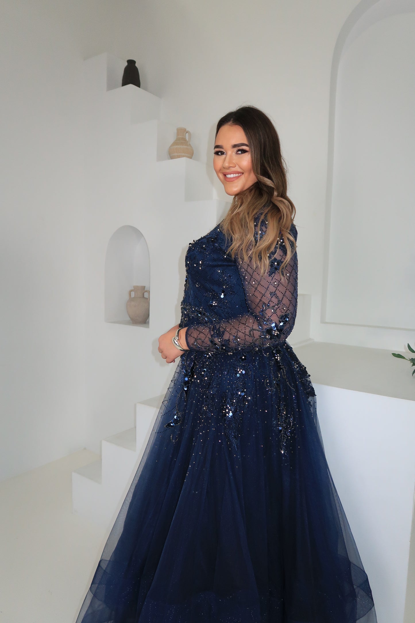Terani Couture Navy Beaded Overlay Gown