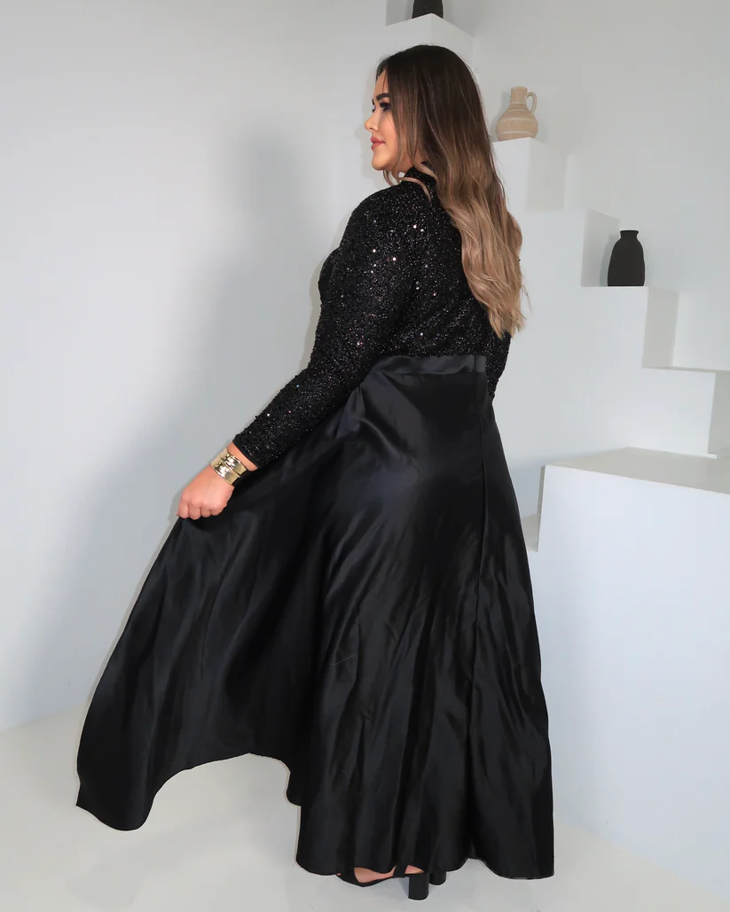 Black Sequin Gown with Satin Wrap Overlay