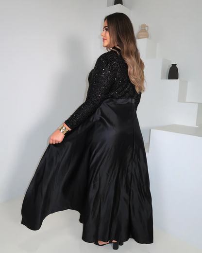 Black Sequin Gown with Satin Wrap Overlay