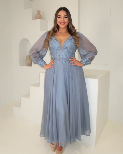 Dusty Blue Embroidered Chiffon Gown