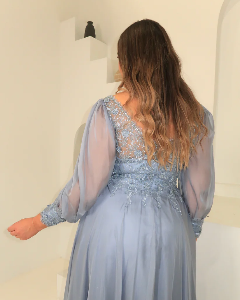Dusty Blue Embroidered Chiffon Gown