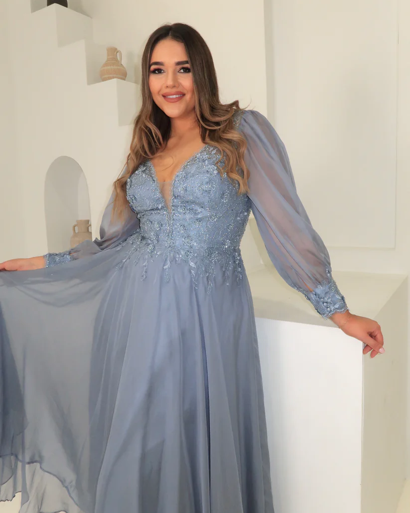 Dusty Blue Embroidered Chiffon Gown