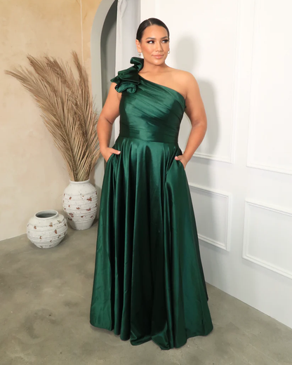 Emerald One-Shoulder Satin Gown