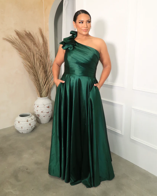Emerald One-Shoulder Satin Gown