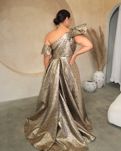 MAC DUGGAL Gold One Shoulder Metallic Ballgown
