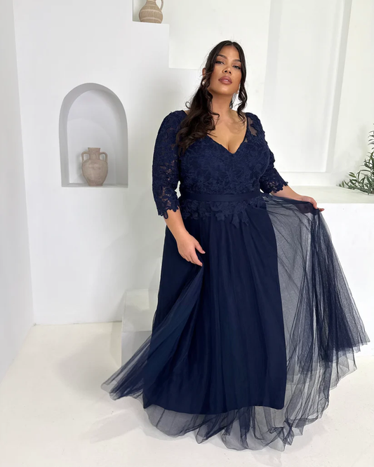 Navy Lace & Tulle Gown