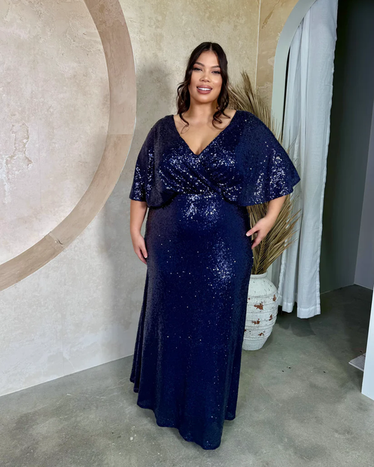 Navy Sequin Flutter Sleeve Gown