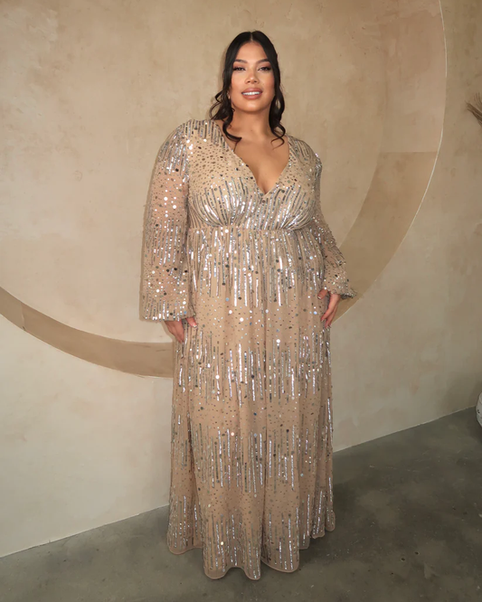 Nude & Silver Sequin V-Neck Maxi