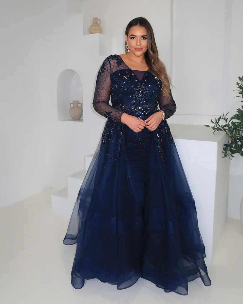 Terani Couture Navy Beaded Overlay Gown