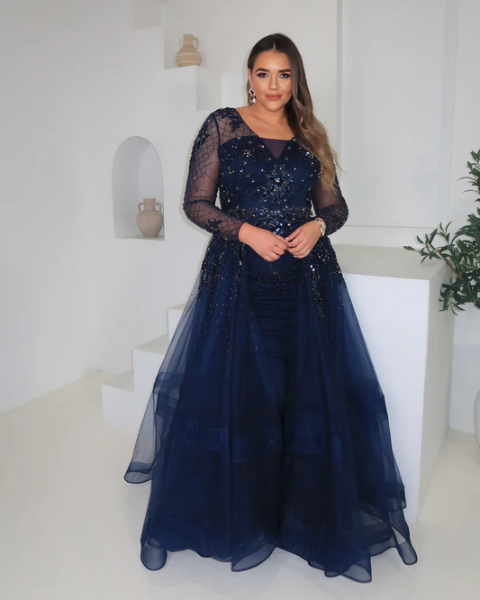 Terani Couture Navy Beaded Overlay Gown