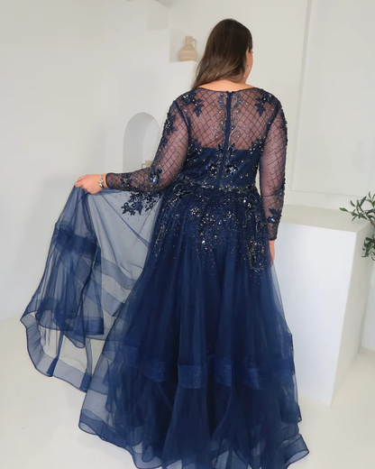 Terani Couture Navy Beaded Overlay Gown