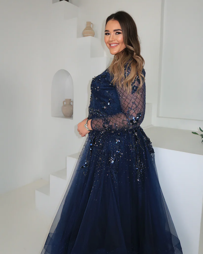 Terani Couture Navy Beaded Overlay Gown