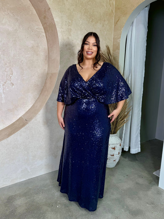 Navy Sequin Flutter Sleeve Gown
