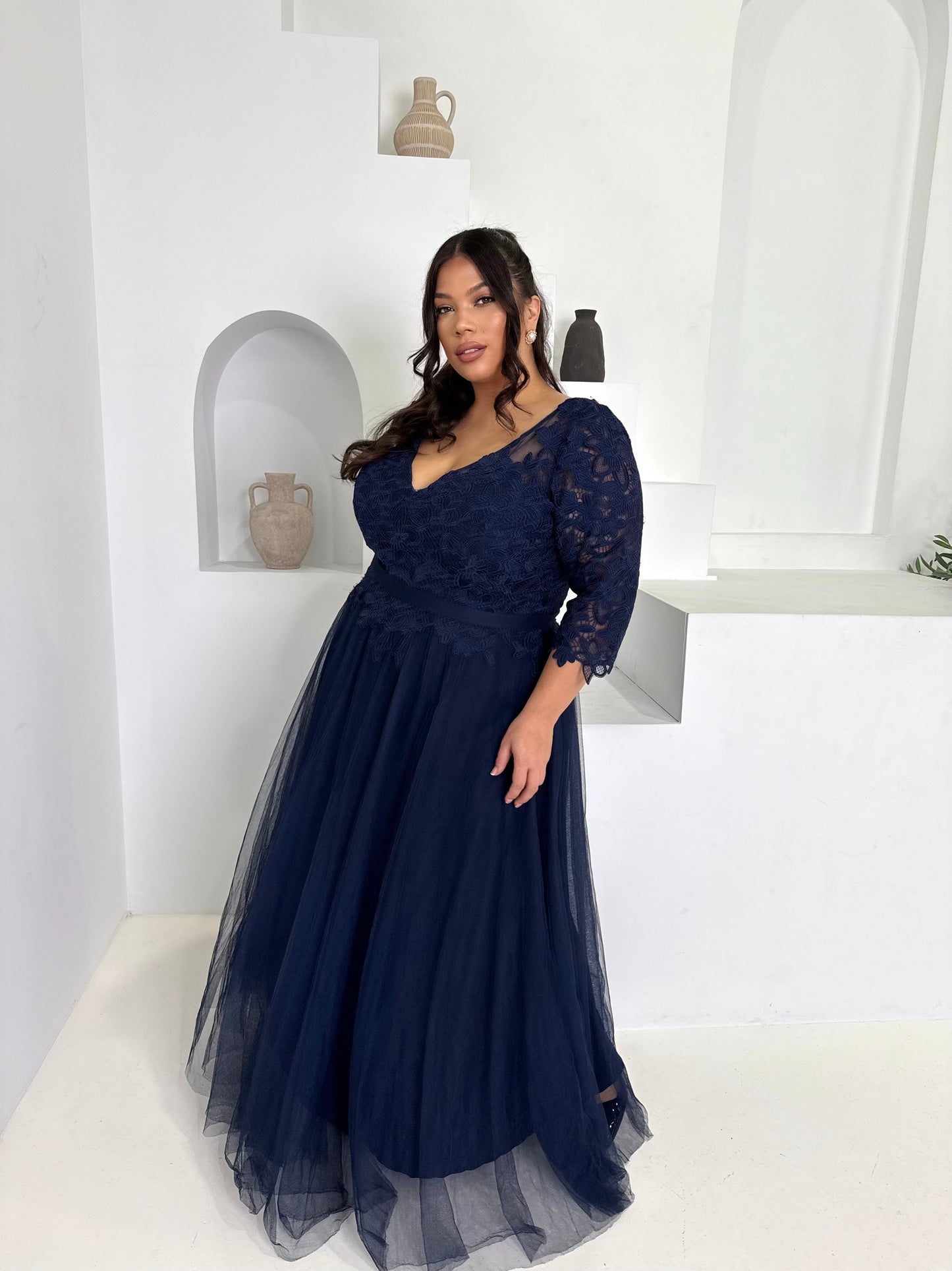 Navy Lace & Tulle Gown