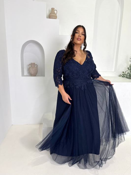 Navy Lace & Tulle Gown