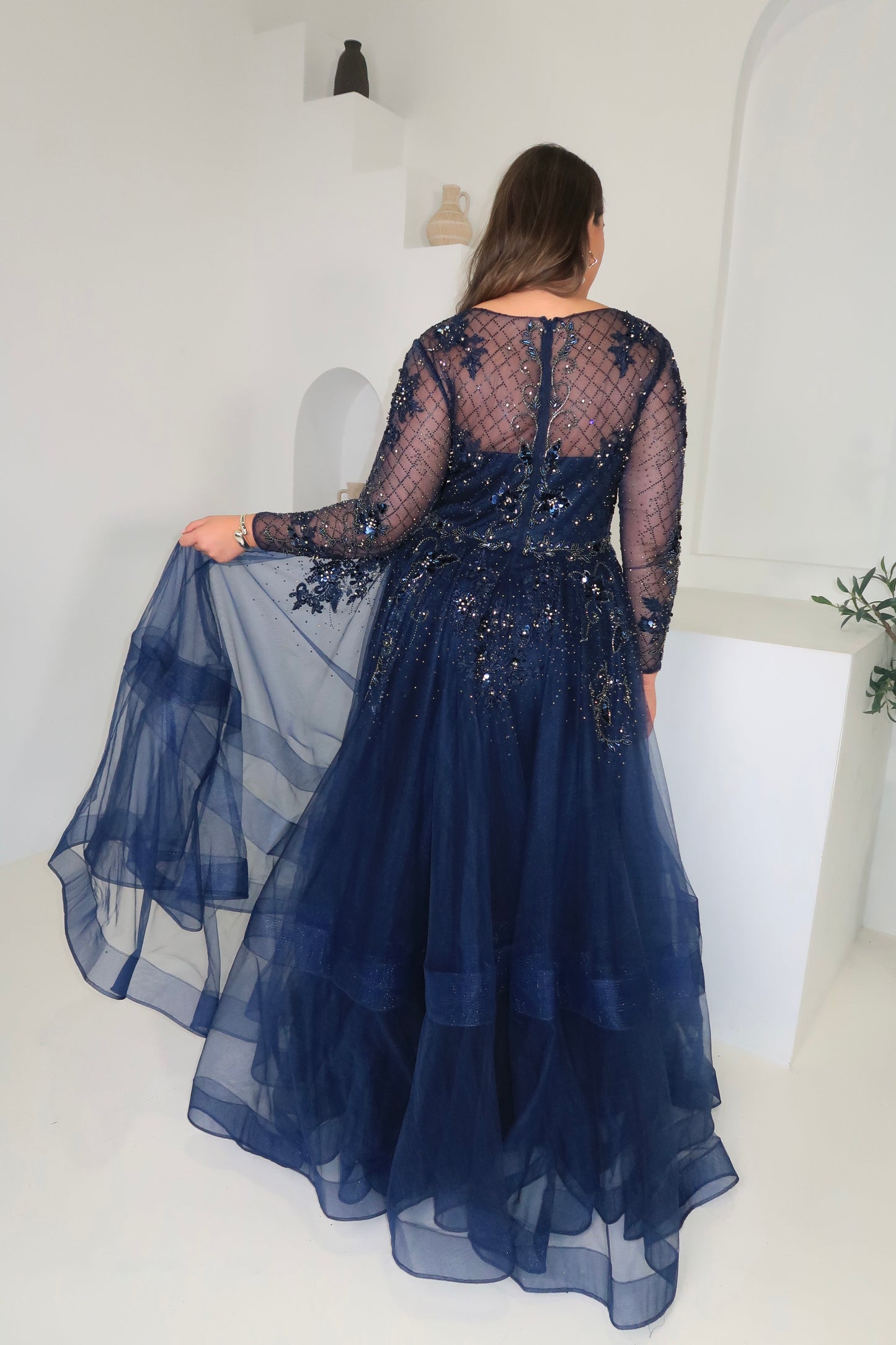 Terani Couture Navy Beaded Overlay Gown