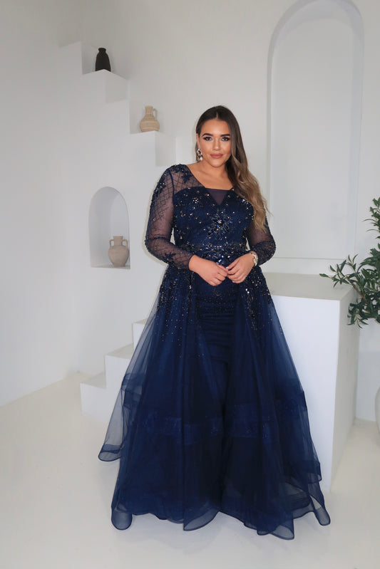 Terani Couture Navy Beaded Overlay Gown