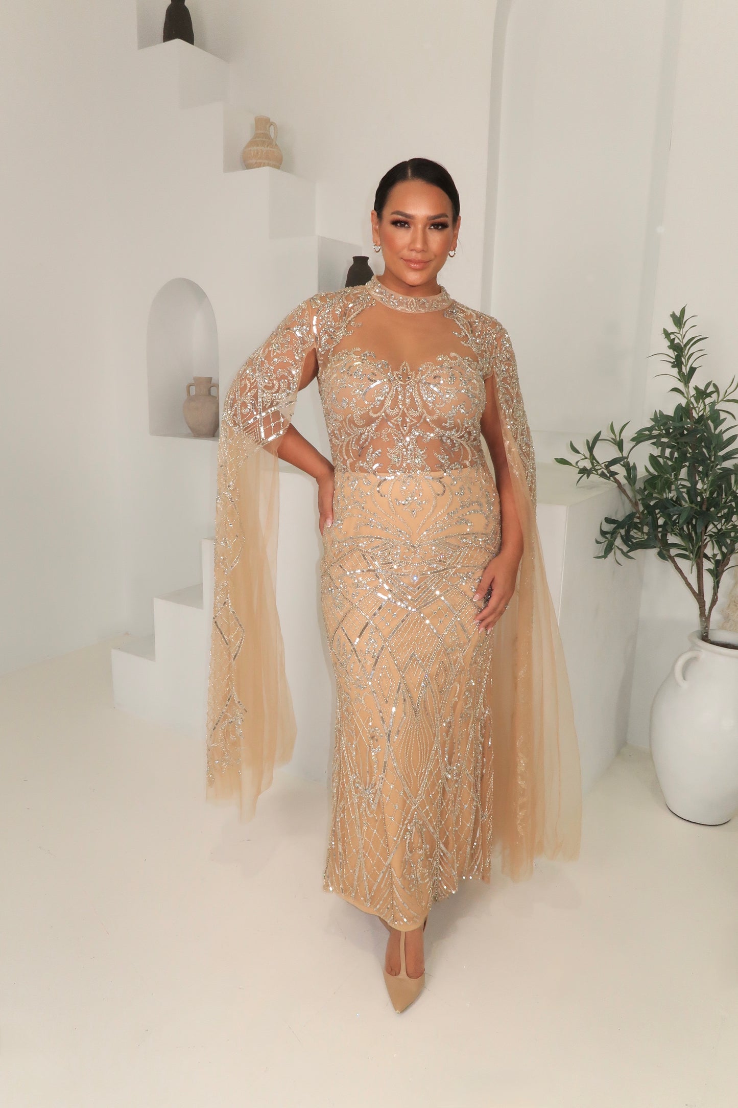 Nude & Silver Embellished Cape Gown