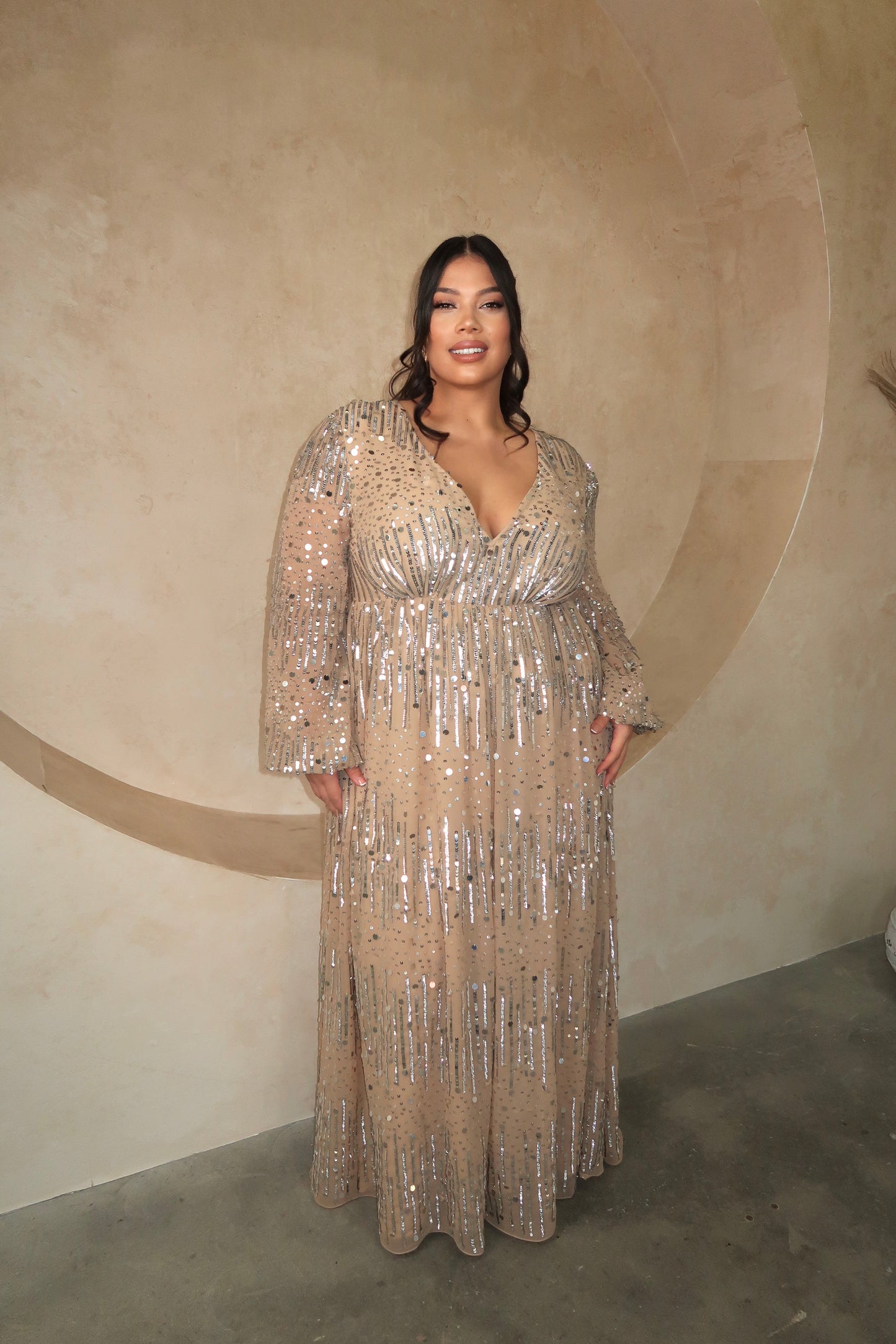 Nude & Silver Sequin V-Neck Maxi