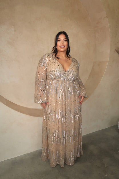 Nude & Silver Sequin V-Neck Maxi