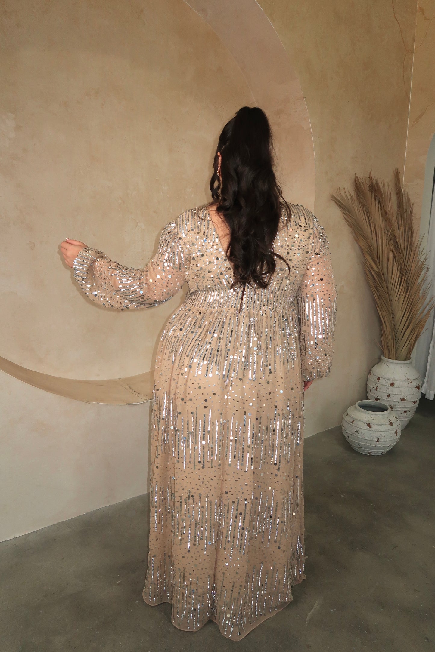 Nude & Silver Sequin V-Neck Maxi